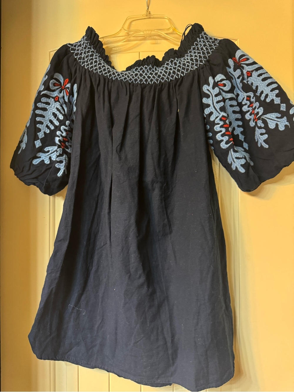 Zara Navy Off-Shoulder Mini Dress with Blue & Red Embroidery